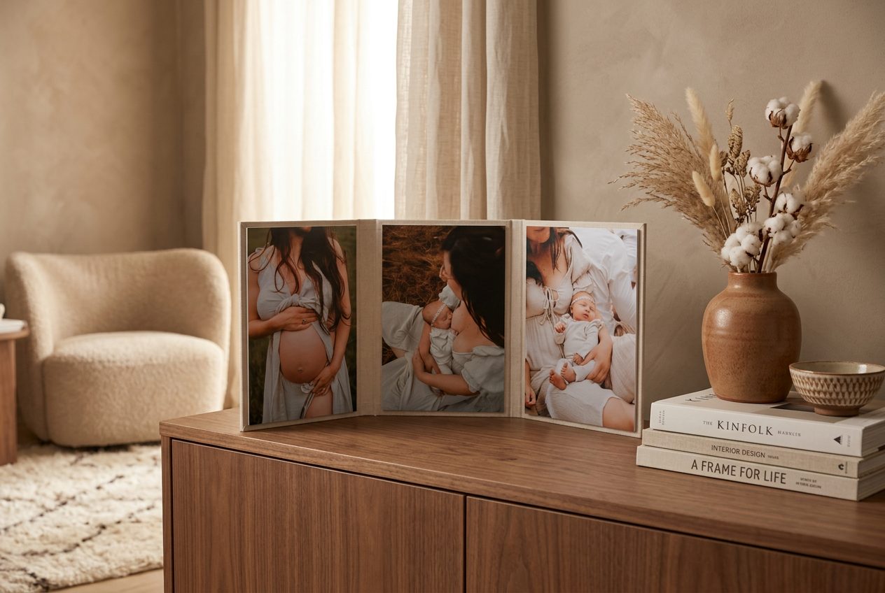Staand drieluik met zwangerschap- en newbornfoto's in een warme setting
