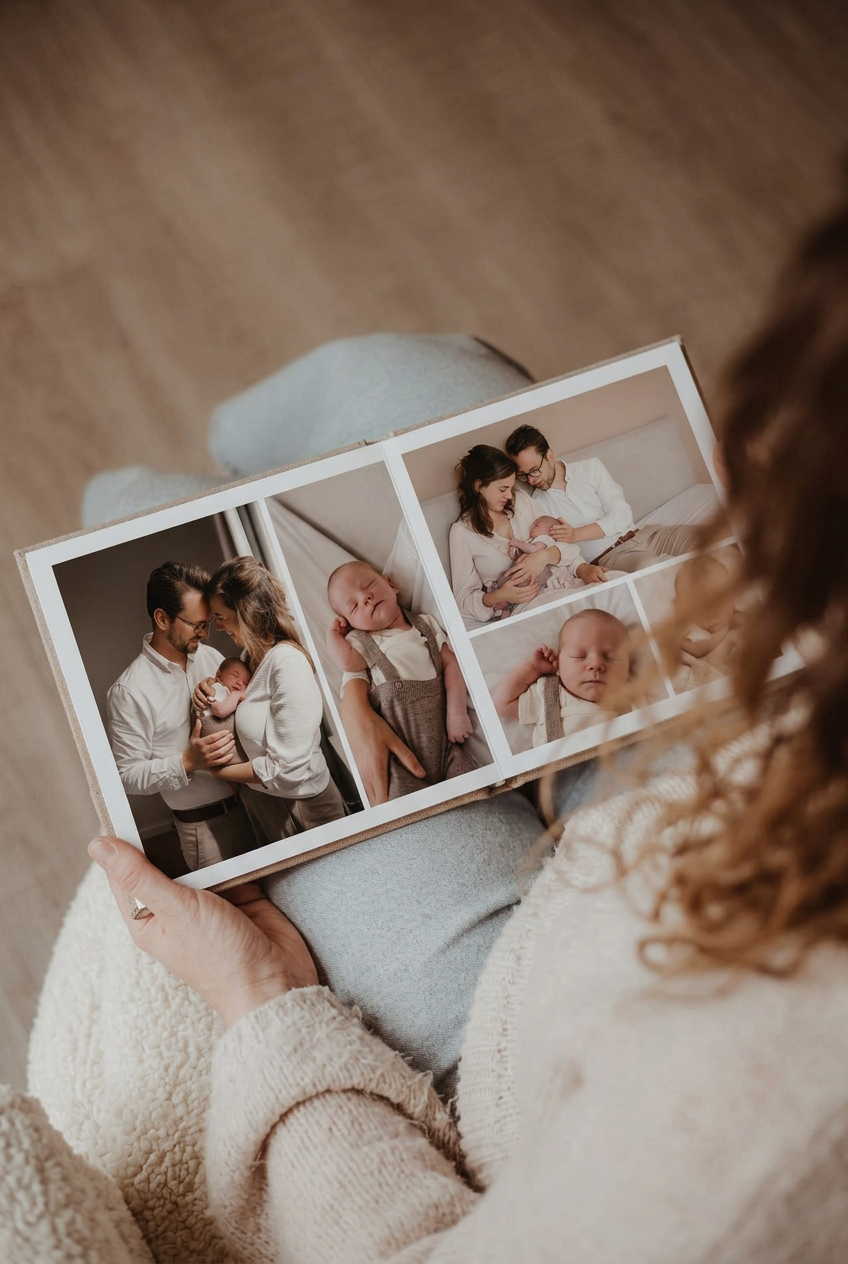 Moeder bekijkt een fotoalbum met newbornfoto's op haar schoot
