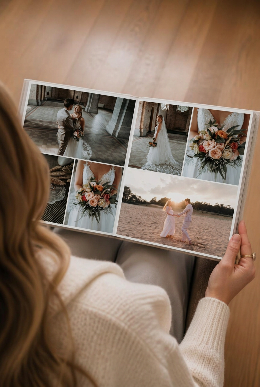 Vrouw houdt een opengeslagen fine art album met zwangerschapsfoto's vast