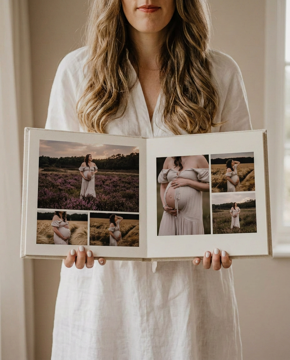 Vrouw houdt een opengeslagen fine art album met zwangerschapsfoto's vast