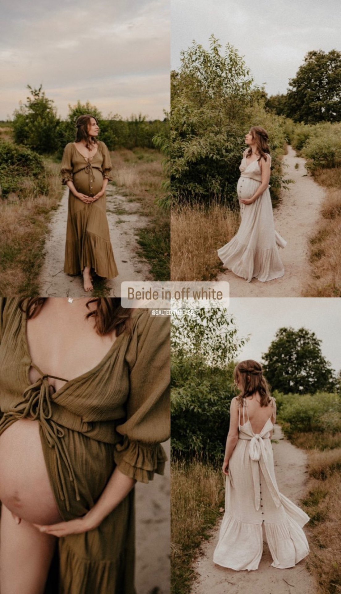 Zwangerschapsshoot Salted the Label, olijfgroene en off-white jurk in de natuur