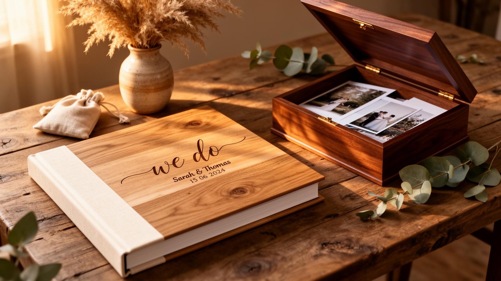 Houten trouwalbum met de tekst we do naast een bewaarbox met foto's