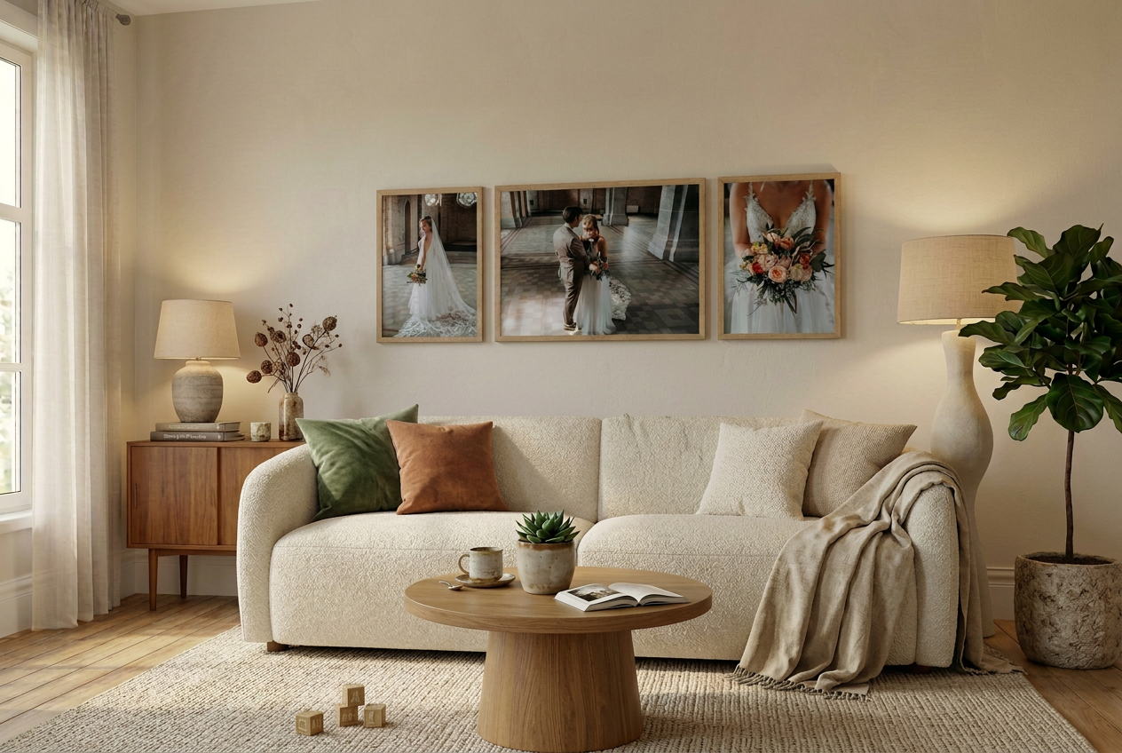Drieluik van trouwfoto's aan de muur in een woonkamer