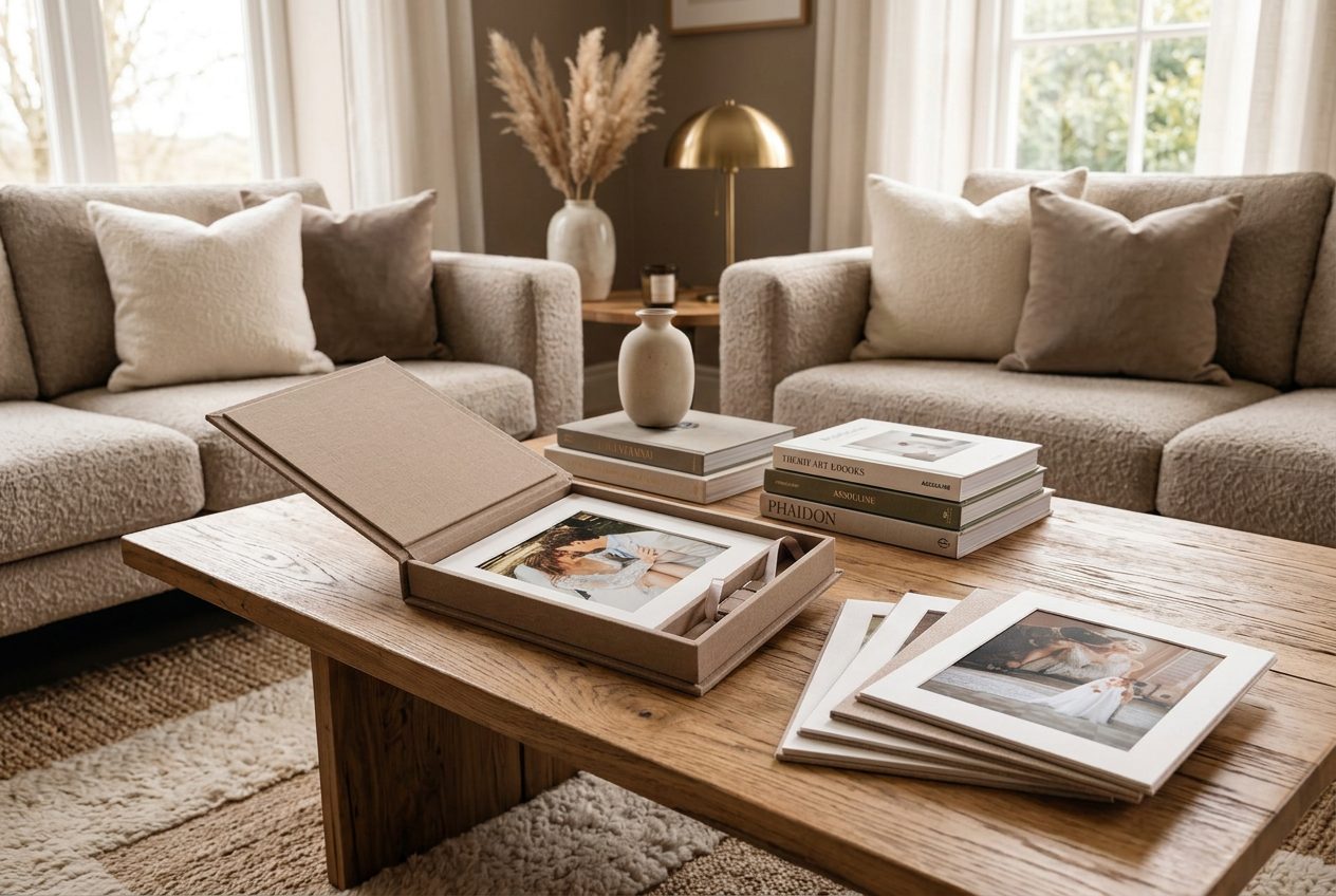 Luxe foliobox met fine art prints op een salontafel