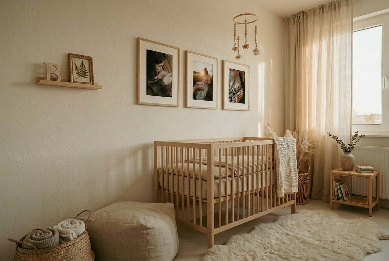 Drieluik met newbornfoto's boven een ledikant in een babykamer